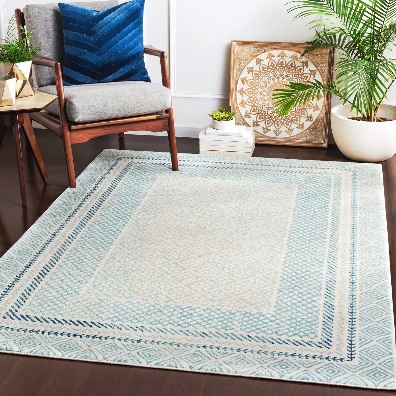 Tiwari Home 5'3" x 7'3" Ethnic Design Aqua Blue and White Rectangular Machine Woven Area Rug